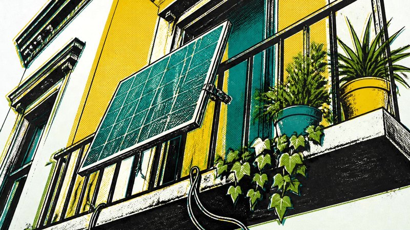 Silkscreen illustration of a solar panel clamped to an apartment balcony railing beside potted plants