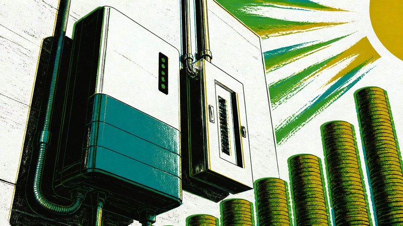Silkscreen illustration of a home battery and electrical panel beside rising stacks of coins