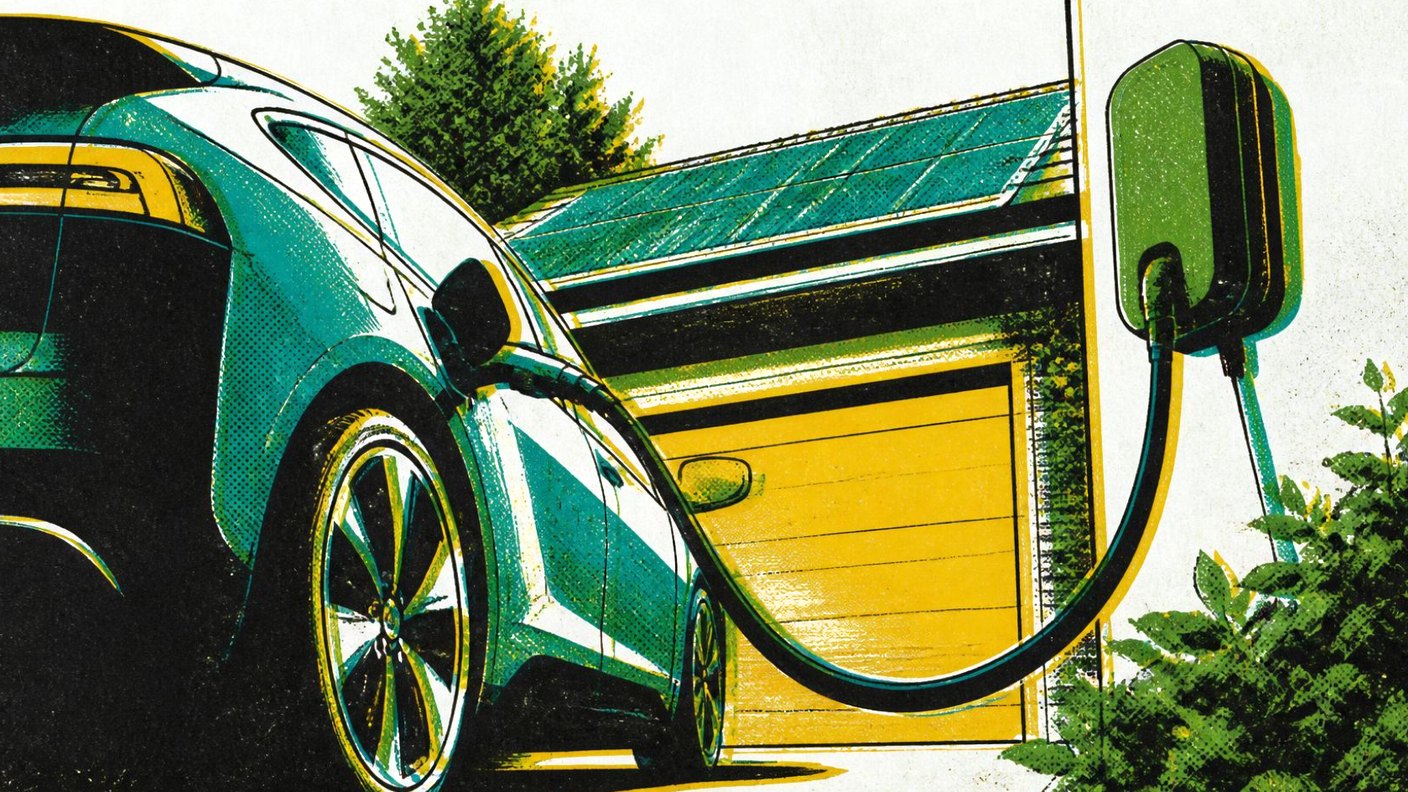 Silkscreen illustration of an electric car plugged into a home wall charger below a solar-panelled garage roof