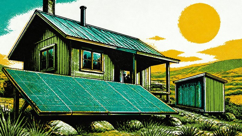 Silkscreen illustration of an off-grid cabin with a ground-mounted solar array and a battery shed