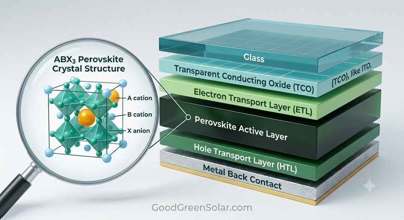 Cutaway diagram of a perovskite solar cell showing its layers, with the ABX3 crystal structure magnified