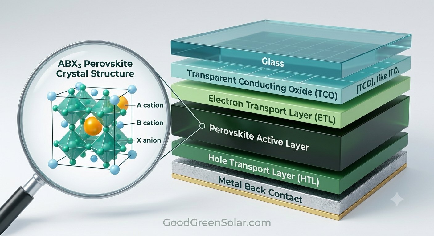 Cutaway diagram of a perovskite solar cell showing, from top to bottom, glass, transparent conducting oxide, electron transport layer, the perovskite active layer, hole transport layer and metal back contact, with a magnified view of the ABX3 perovskite crystal structure