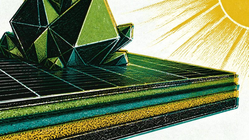 Cutaway diagram of a perovskite solar cell showing its layers, with the ABX3 crystal structure magnified