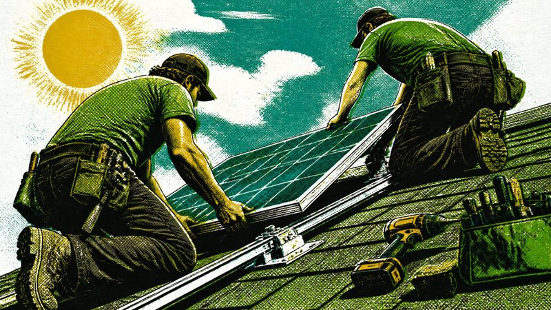 Silkscreen illustration of two installers fitting a solar panel onto rails on a pitched roof