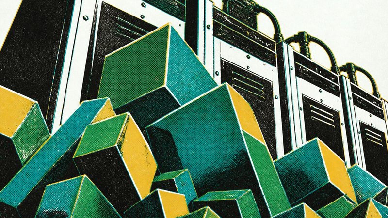 Silkscreen illustration of sodium-ion battery cabinets with large crystal forms growing across them