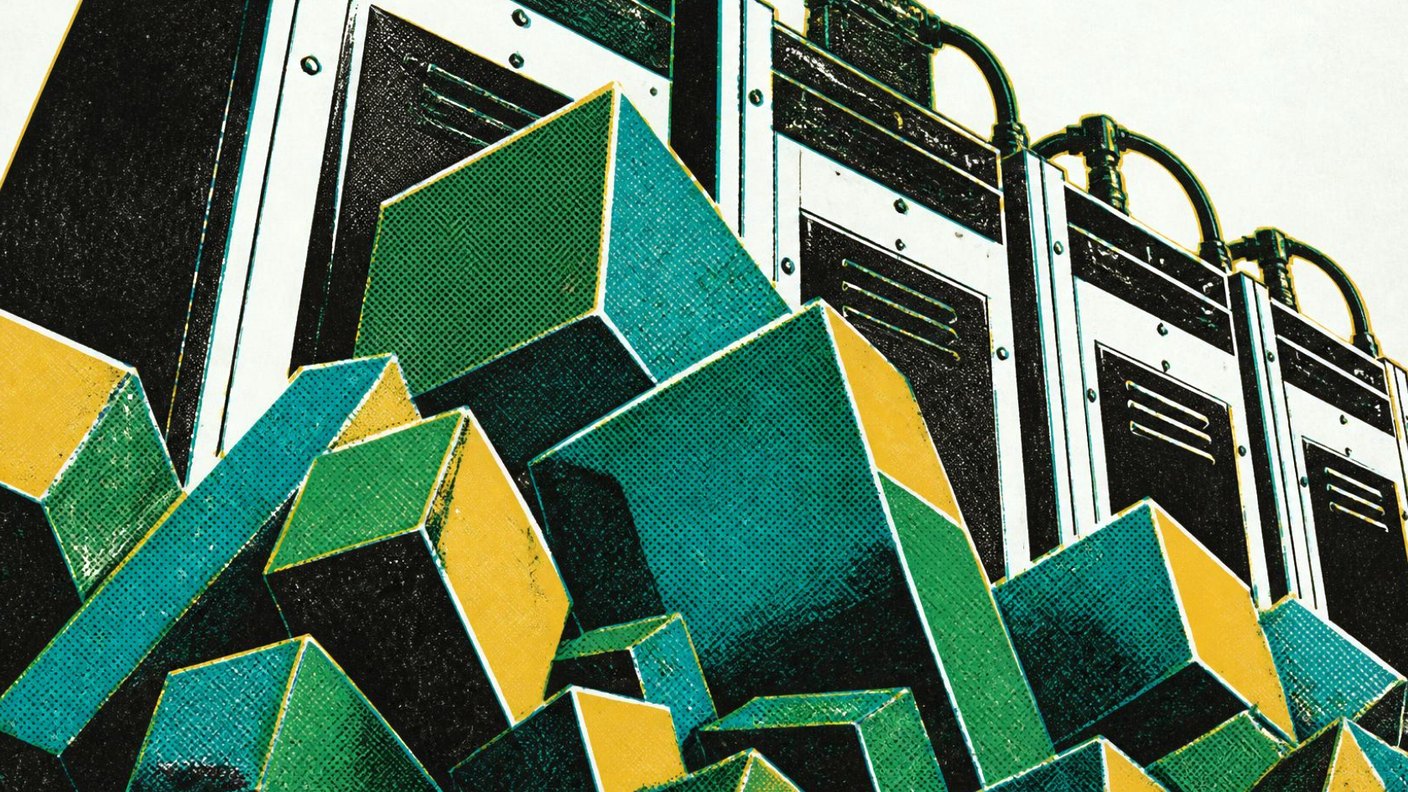 Silkscreen illustration of sodium-ion battery cabinets with large crystal forms growing across them