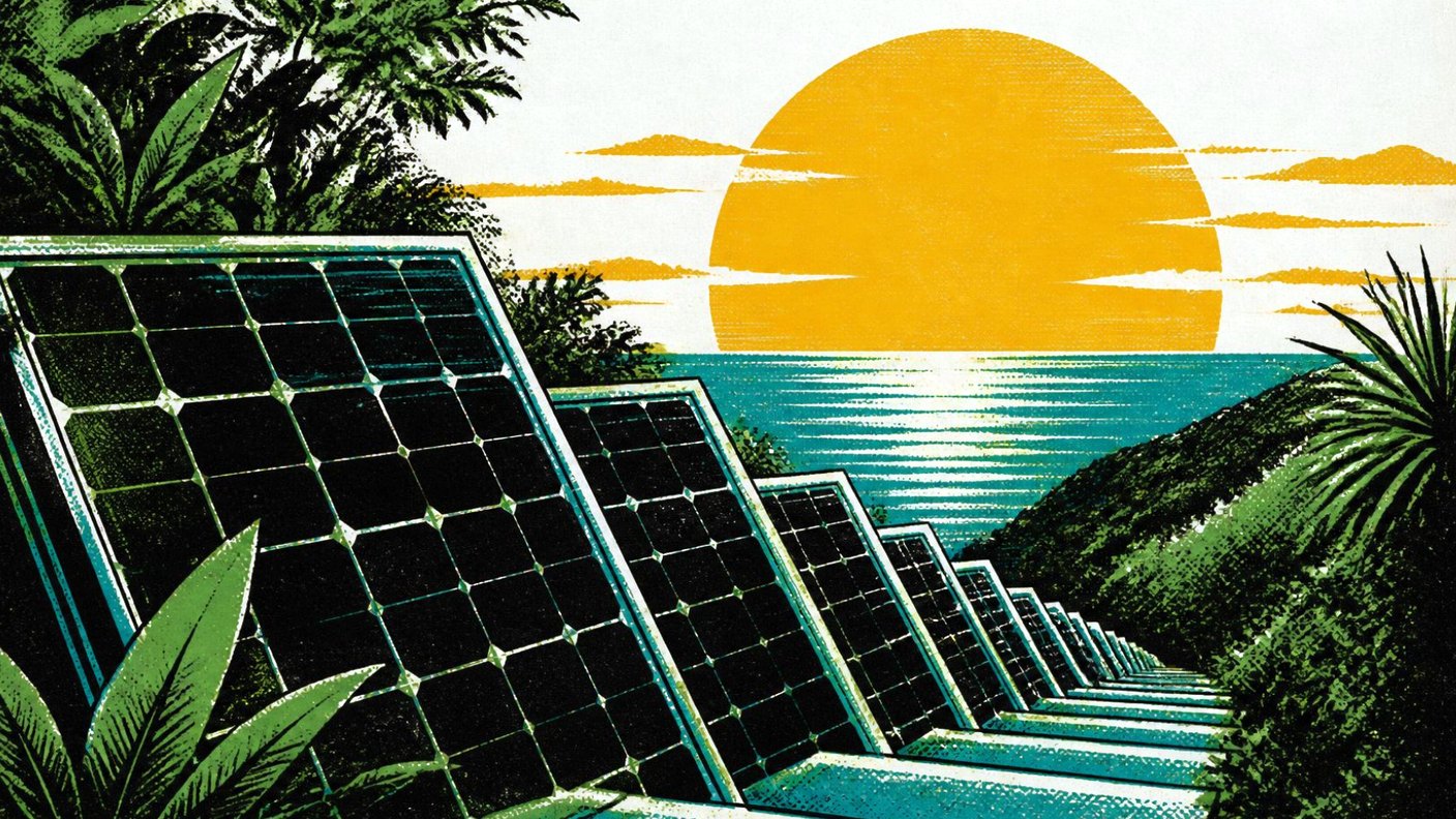 Silkscreen illustration of a descending row of solar panels leading toward a low sun over water