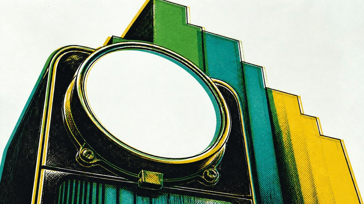 Silkscreen illustration of an electricity meter with a blank clock face and stepped blocks rising behind it